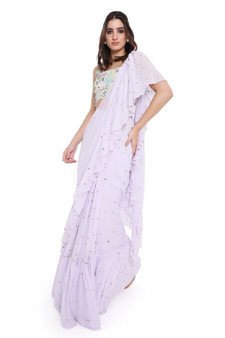 Shop_Payal Singhal_Purple Georgette Embroidered Pre-draped Mukaish Work Ruffled Saree With Blouse _Online_at_Aza_Fashions