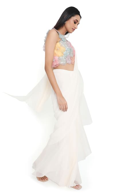Shop Payal Singhal Off White Georgette Plain Cutwork Pre-draped Saree With Floral Applique Blouse Online at Aza Fashions Shop_Payal Singhal_Off White Georgette Plain Cutwork Pre-draped Saree With Floral Applique Blouse _Online_at_Aza_Fashions