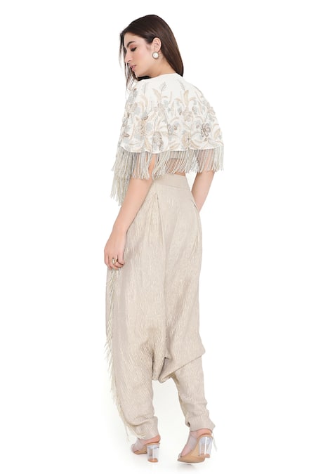 Payal Singhal_Off White Georgette Embroidered Thread Round Floral Tasseled Jacket And Pant Set _Online_at_Aza_Fashions
