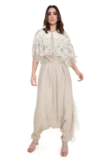Buy_Payal Singhal_Off White Georgette Embroidered Thread Round Floral Tasseled Jacket And Pant Set _Online_at_Aza_Fashions