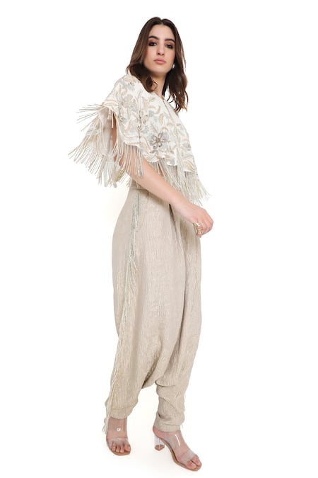 Shop_Payal Singhal_Off White Georgette Embroidered Thread Round Floral Tasseled Jacket And Pant Set _Online_at_Aza_Fashions