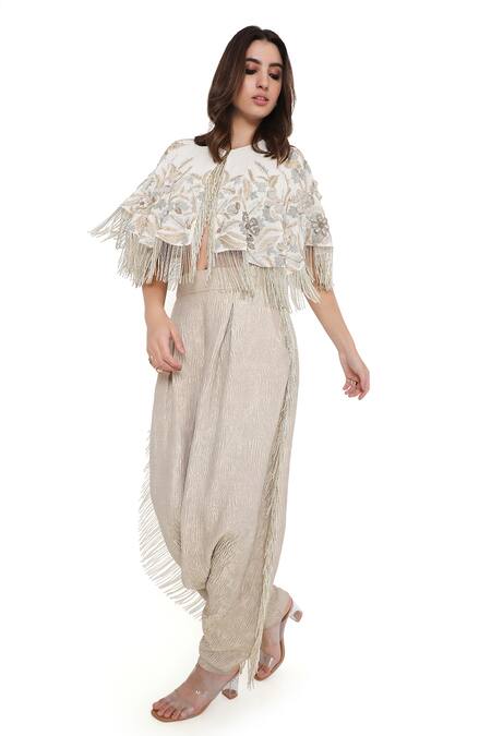 Payal Singhal_Off White Georgette Embroidered Thread Round Floral Tasseled Jacket And Pant Set _at_Aza_Fashions