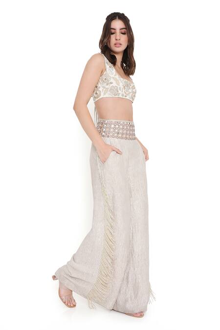 Buy_Payal Singhal_Off White Georgette Embroidered Floral Square Blouse With Flared Pant _Online_at_Aza_Fashions