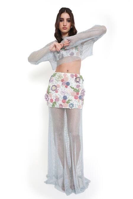 Payal Singhal_Off White Georgette Embroidered Applique Top Round Floral And Mesh Skirt Set_Online_at_Aza_Fashions