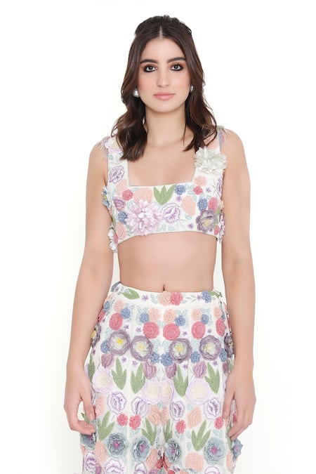 Payal Singhal Off White Georgette Embroidered Applique Square Floral Blouse And Sharara Set at Aza Fashions Payal Singhal_Off White Georgette Embroidered Applique Square Floral Blouse And Sharara Set _at_Aza_Fashions