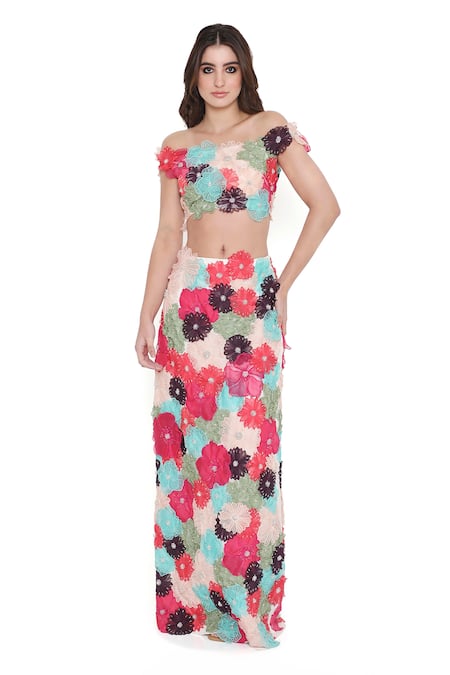 Payal Singhal_Off White Georgette Embroidered 3d Flower Straight Skirt With Blouse_Online_at_Aza_Fashions