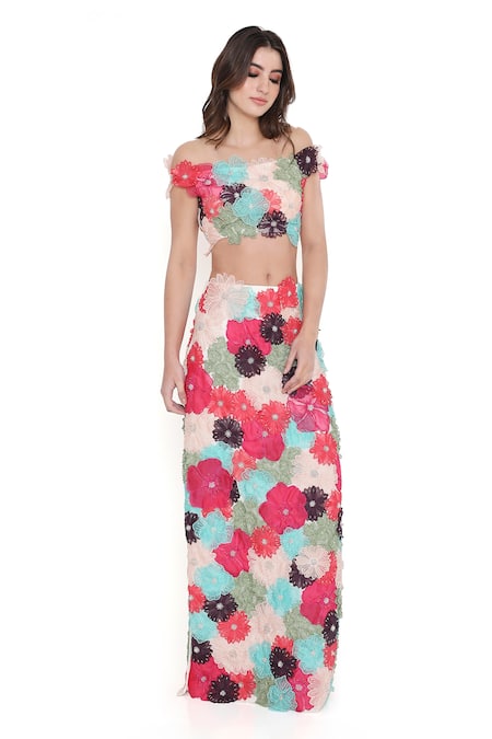 Buy_Payal Singhal_Off White Georgette Embroidered 3d Flower Straight Skirt With Blouse_Online_at_Aza_Fashions