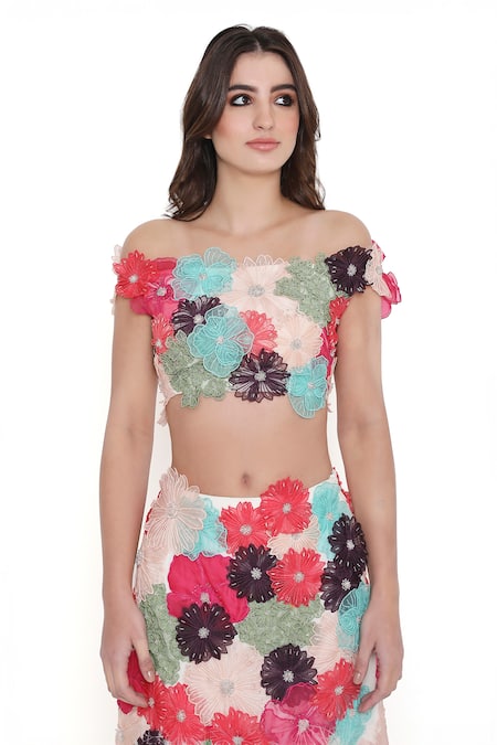 Shop_Payal Singhal_Off White Georgette Embroidered 3d Flower Straight Skirt With Blouse_Online_at_Aza_Fashions