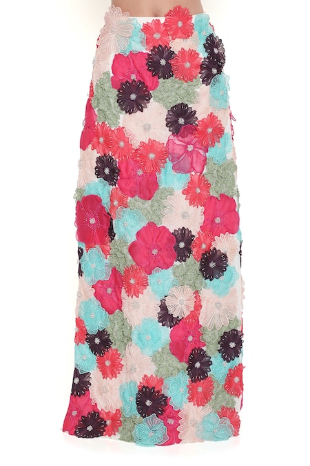 Payal Singhal_Off White Georgette Embroidered 3d Flower Straight Skirt With Blouse_at_Aza_Fashions