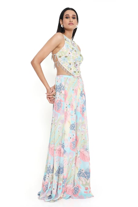 Shop_Payal Singhal_Pink Georgette Embroidered Floral High Neck Euphoria Print Sharara And Blouse Set _Online_at_Aza_Fashions