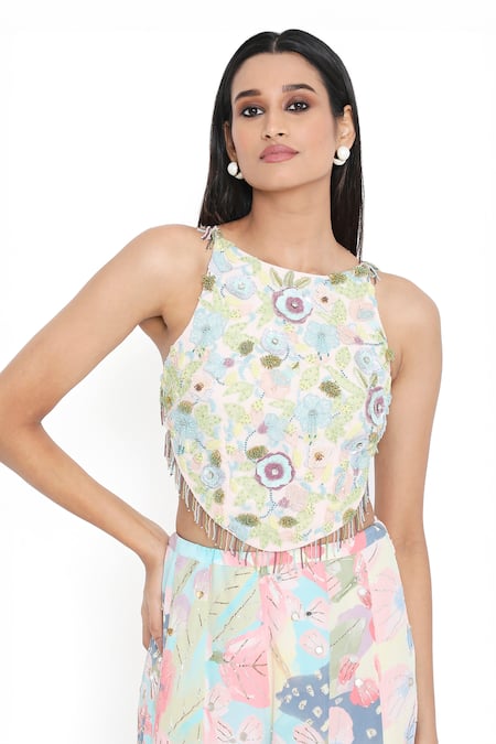 Payal Singhal_Pink Georgette Embroidered Floral High Neck Euphoria Print Sharara And Blouse Set _at_Aza_Fashions