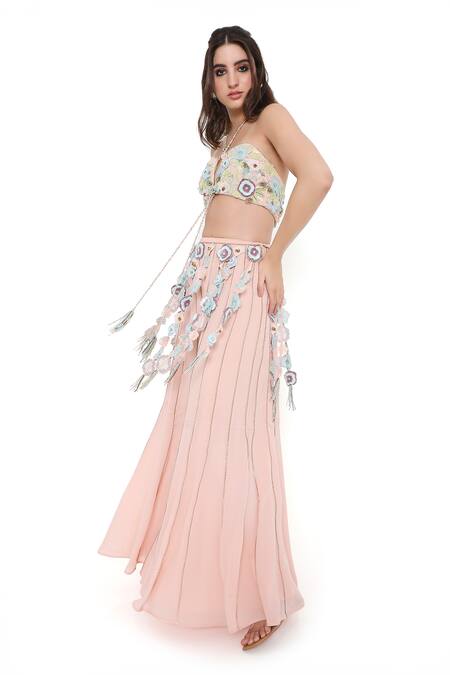 Shop_Payal Singhal_Pink Georgette Embroidered 3d Flower Halter Neck Blouse With Sharara _Online_at_Aza_Fashions