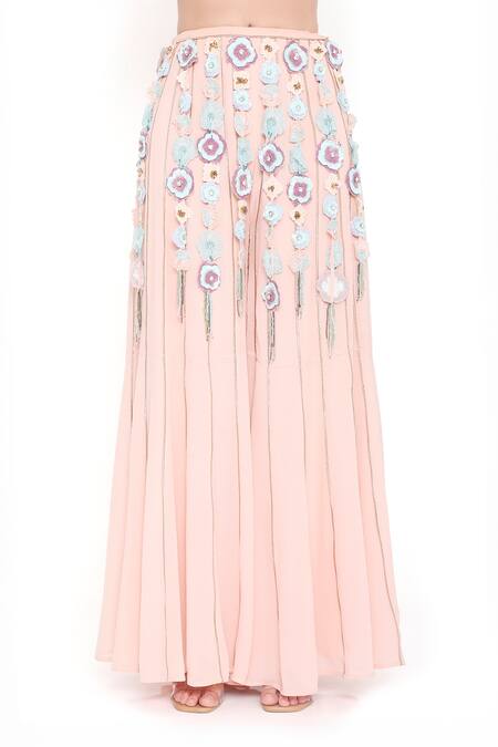 Buy_Payal Singhal_Pink Georgette Embroidered 3d Flower Halter Neck Blouse With Sharara 