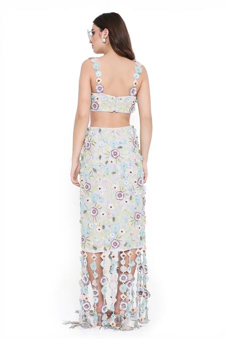 Payal Singhal_Purple Georgette Embroidered 3d Floral Square Blouse With Skirt _Online_at_Aza_Fashions