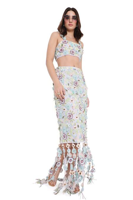 Buy_Payal Singhal_Purple Georgette Embroidered 3d Floral Square Blouse With Skirt _Online_at_Aza_Fashions