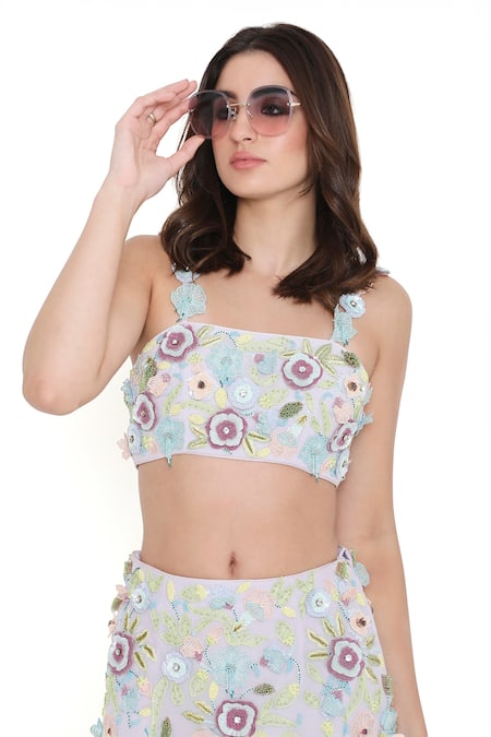 Shop_Payal Singhal_Purple Georgette Embroidered 3d Floral Square Blouse With Skirt _Online_at_Aza_Fashions