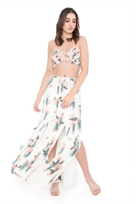 Buy_Payal Singhal_Off White Georgette Embroidered Floral Sweetheart Neck Bustier With Slit Skirt _Online_at_Aza_Fashions