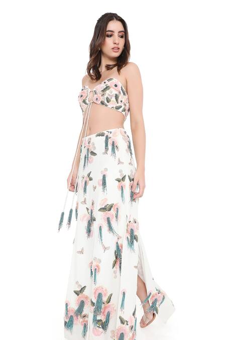 Buy_Payal Singhal_Off White Georgette Embroidered Floral Sweetheart Neck Bustier With Slit Skirt 