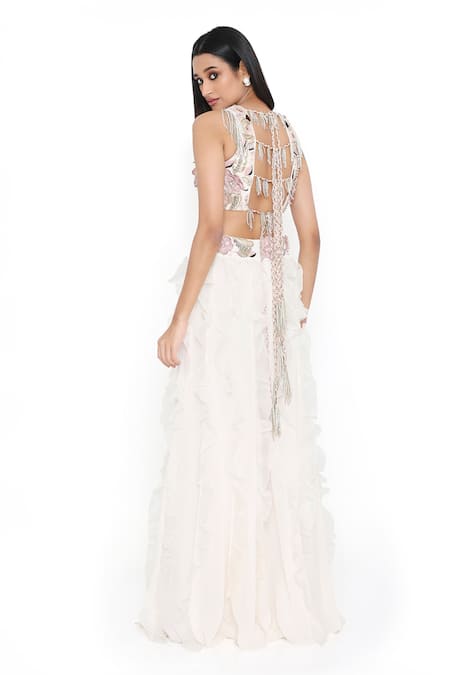 Payal Singhal_Off White Georgette Embroidered Tassel Floral Blouse With Ruffled Sharara _Online_at_Aza_Fashions