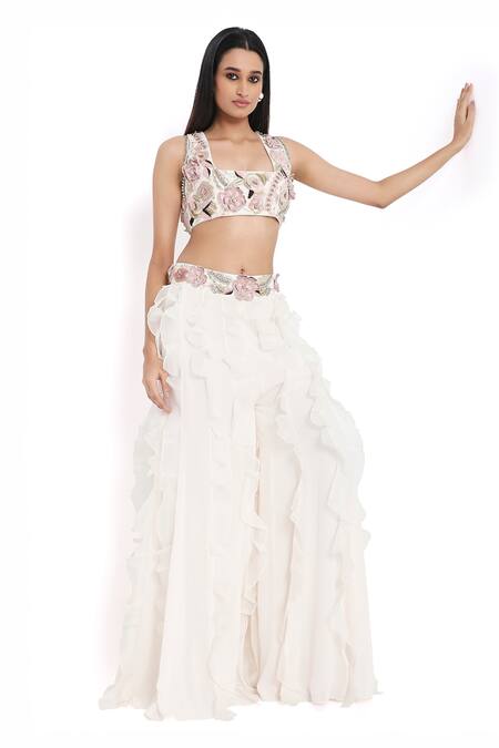 Shop_Payal Singhal_Off White Georgette Embroidered Tassel Floral Blouse With Ruffled Sharara _Online_at_Aza_Fashions