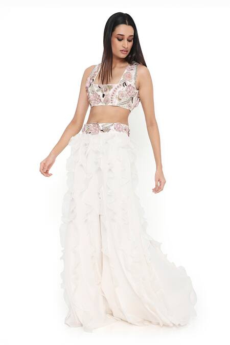 Payal Singhal_Off White Georgette Embroidered Tassel Floral Blouse With Ruffled Sharara _at_Aza_Fashions