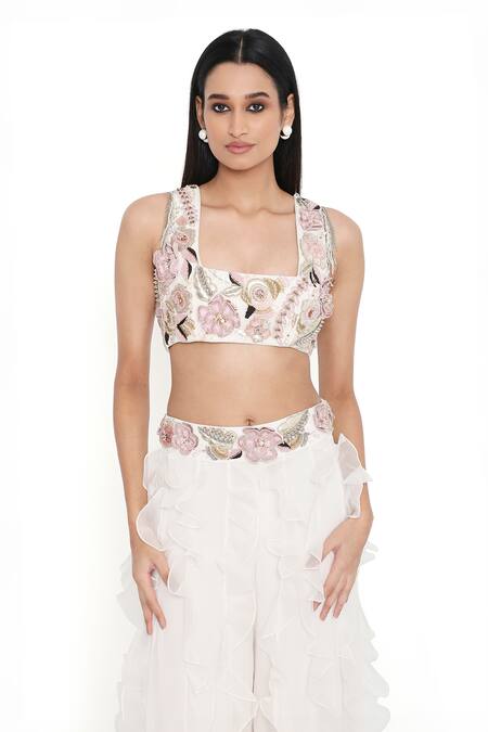 Buy_Payal Singhal_Off White Georgette Embroidered Tassel Floral Blouse With Ruffled Sharara 