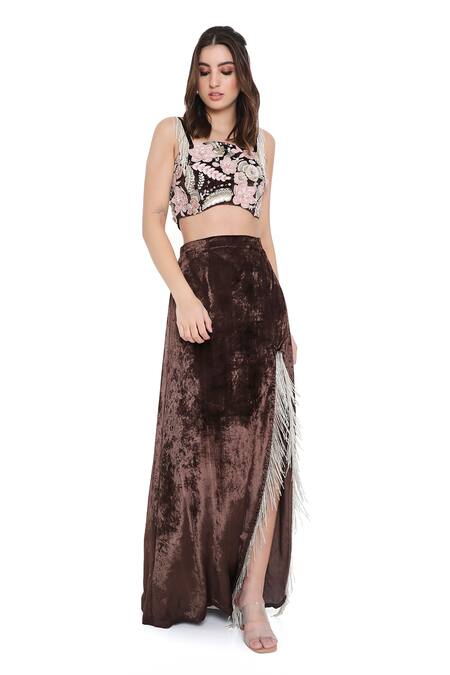 Buy_Payal Singhal_Brown Georgette Embroidered Flower Square Blouse With Slit Skirt _Online_at_Aza_Fashions