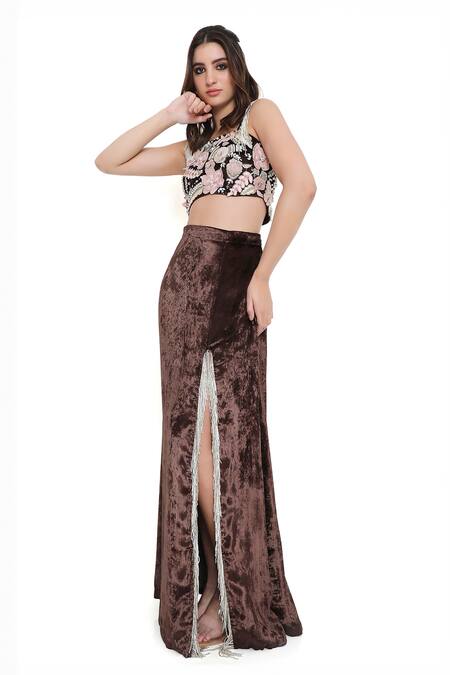 Shop_Payal Singhal_Brown Georgette Embroidered Flower Square Blouse With Slit Skirt _Online_at_Aza_Fashions