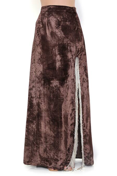 Buy_Payal Singhal_Brown Georgette Embroidered Flower Square Blouse With Slit Skirt 