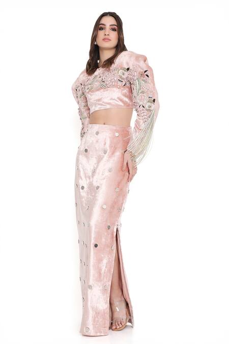 Buy_Payal Singhal_Pink Velvet Embroidered Flower Round Boxy Blouse With Fitted Skirt_Online_at_Aza_Fashions