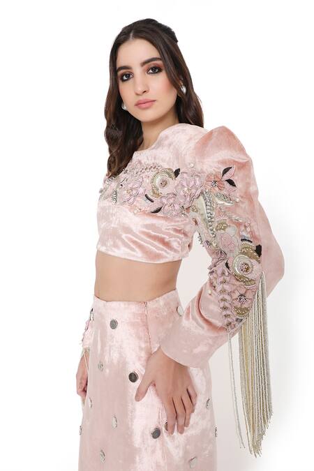 Shop_Payal Singhal_Pink Velvet Embroidered Flower Round Boxy Blouse With Fitted Skirt_Online_at_Aza_Fashions