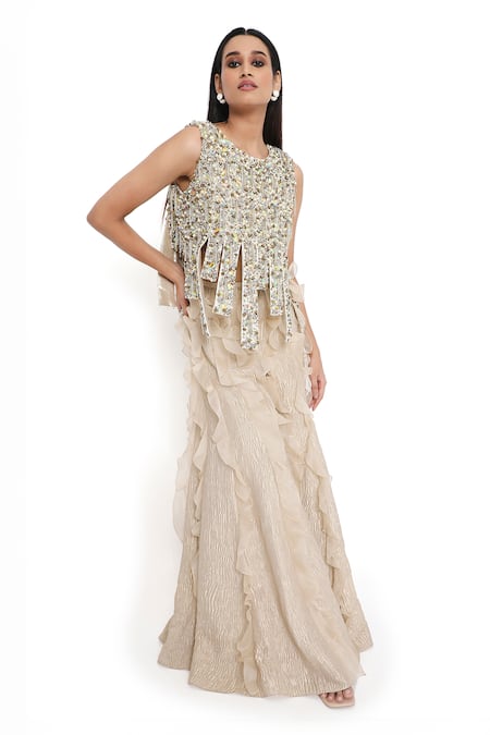Payal Singhal_Off White Georgette Embroidered Bead Asymmetric Blouse With Ruffled Sharara _Online_at_Aza_Fashions