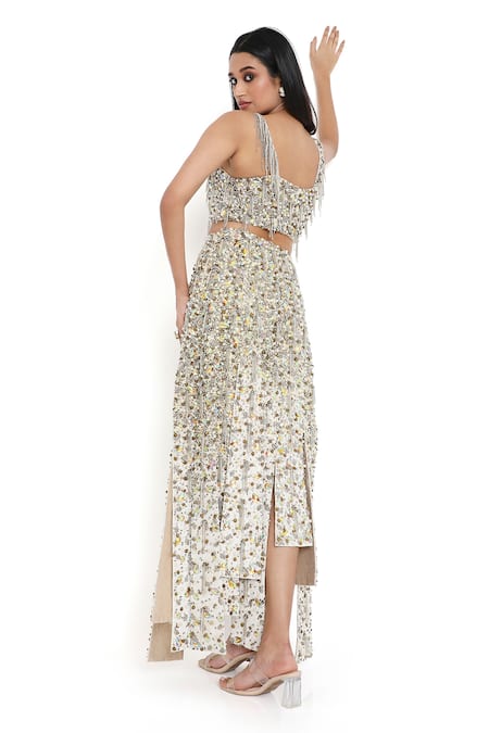 Payal Singhal_Off White Georgette Embroidered Bead Sweetheart Blouse With Asymmetric Skirt _Online_at_Aza_Fashions