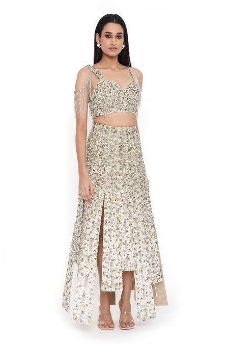 Buy_Payal Singhal_Off White Georgette Embroidered Bead Sweetheart Blouse With Asymmetric Skirt _Online_at_Aza_Fashions