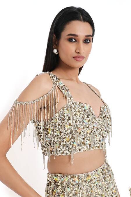 Buy_Payal Singhal_Off White Georgette Embroidered Bead Sweetheart Blouse With Asymmetric Skirt 