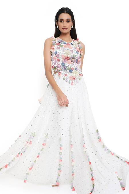 Buy_Payal Singhal_Off White Georgette Embroidered Flower Round Applique Top With Sharara _Online_at_Aza_Fashions