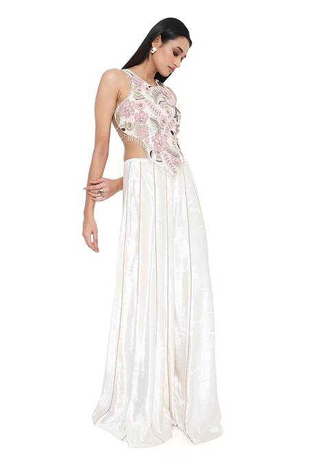 Buy_Payal Singhal_Off White Georgette Embroidered Flower Round Asymmetric Top With Sharara _Online_at_Aza_Fashions