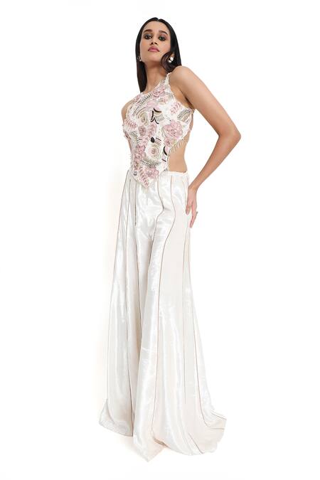 Shop_Payal Singhal_Off White Georgette Embroidered Flower Round Asymmetric Top With Sharara _Online_at_Aza_Fashions