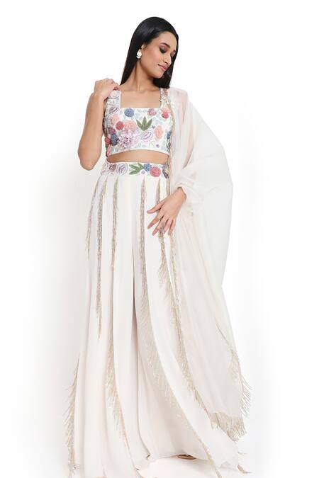 Buy_Payal Singhal_Off White Georgette Embroidered Flowers Square Blouse Sharara Set _Online_at_Aza_Fashions
