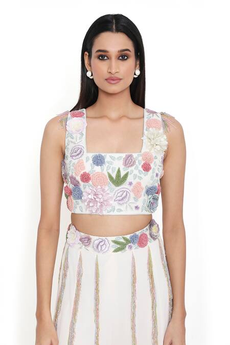 Payal Singhal_Off White Georgette Embroidered Flowers Square Blouse Sharara Set _at_Aza_Fashions