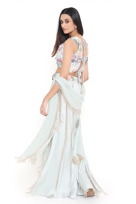 Payal Singhal_Blue Georgette Embroidered Flowers Square Hanging Tassels Sharara Set _Online_at_Aza_Fashions