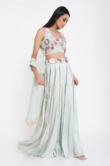 Buy_Payal Singhal_Blue Georgette Embroidered Flowers Square Hanging Tassels Sharara Set _Online_at_Aza_Fashions