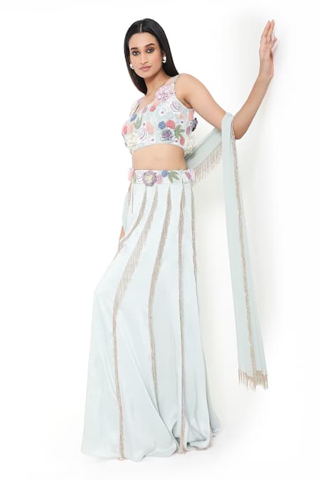 Shop_Payal Singhal_Blue Georgette Embroidered Flowers Square Hanging Tassels Sharara Set _Online_at_Aza_Fashions