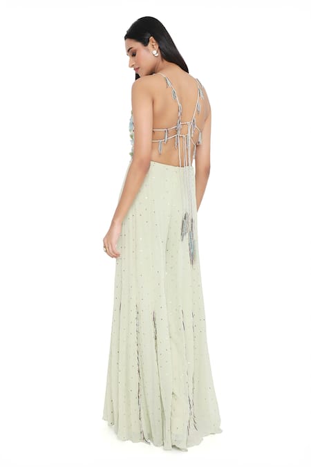 Payal Singhal_Green Georgette, Muslin Beads, Sequins, Floral Embroidered Blouse With Sharara _Online_at_Aza_Fashions