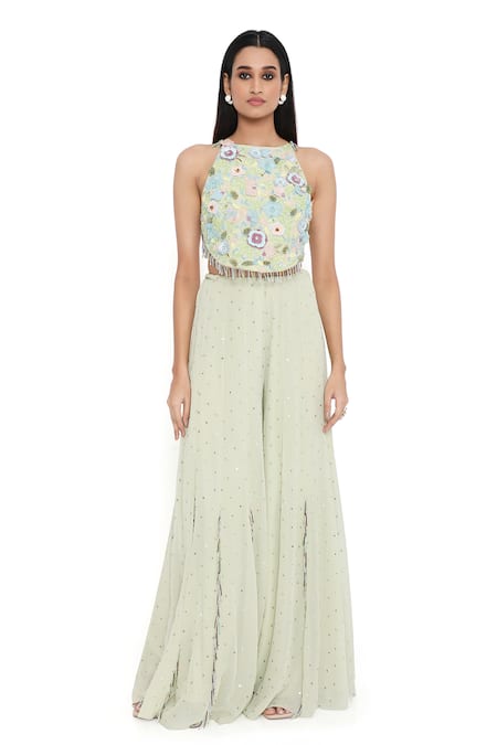Buy_Payal Singhal_Green Georgette, Muslin Beads, Sequins, Floral Embroidered Blouse With Sharara _Online_at_Aza_Fashions
