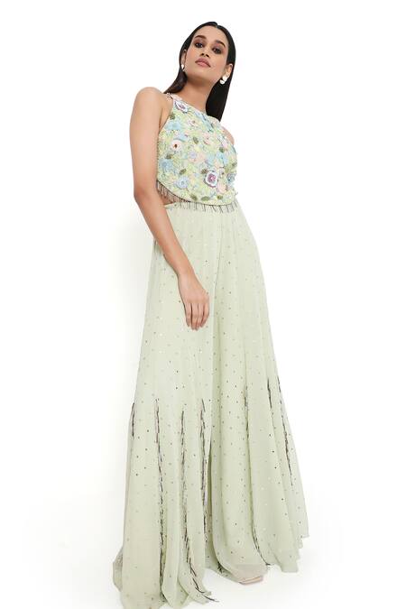 Shop_Payal Singhal_Green Georgette, Muslin Beads, Sequins, Floral Embroidered Blouse With Sharara _Online_at_Aza_Fashions