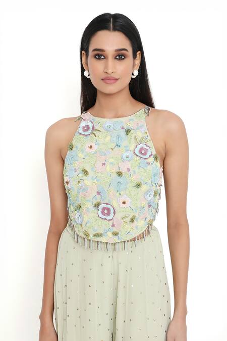 Payal Singhal_Green Georgette, Muslin Beads, Sequins, Floral Embroidered Blouse With Sharara _at_Aza_Fashions