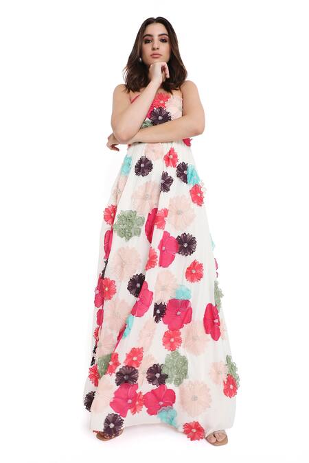 Payal Singhal_Off White Georgette Embroidered 3d Flower Straight Maxi Dress_Online_at_Aza_Fashions