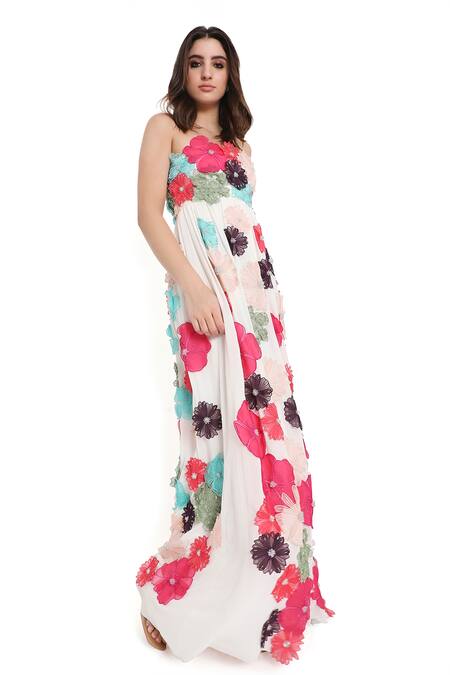 Buy_Payal Singhal_Off White Georgette Embroidered 3d Flower Straight Maxi Dress