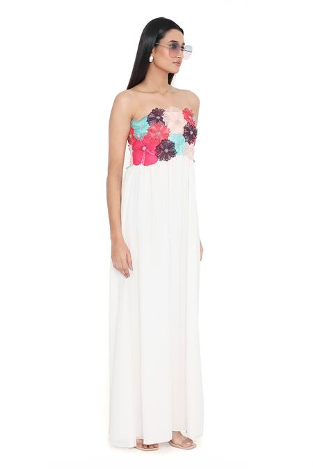 Buy_Payal Singhal_Off White Georgette Embroidered 3d Flower Straight Yoke Maxi Dress _Online_at_Aza_Fashions
